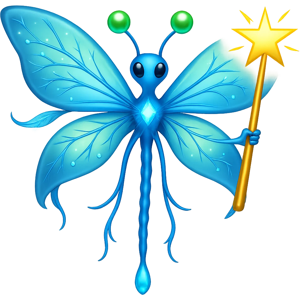Add a magic wand to the neuron with fairy wings in the style of apple emojis, keeping the apple emoji style exactly, no background. emoji