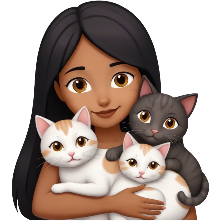 happy black haired girl hugging three cats  (carey cat, gray cat, white brown cat) emoji