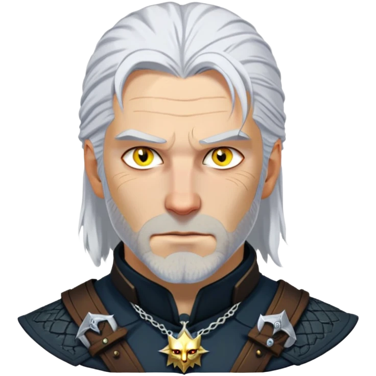 Geralt of Rivia with white hair, yellow cat eyes, and witcher medallion emoji