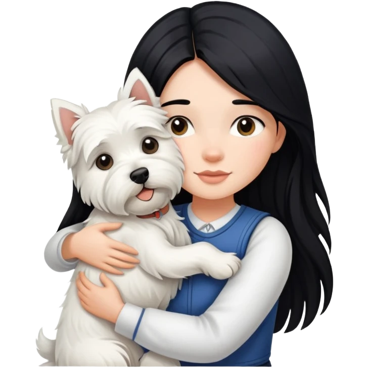 A girl with long black hair hugging a west highland terrier emoji