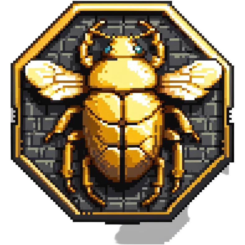 A golden hexagonal badge with a detailed beetle in the center, Discord bug hunter inspired emoji