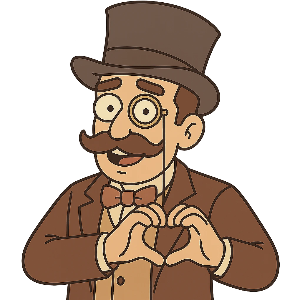 Make the man with mustache, top hat, and monocle show a heart, in flat toon style, with no background. emoji