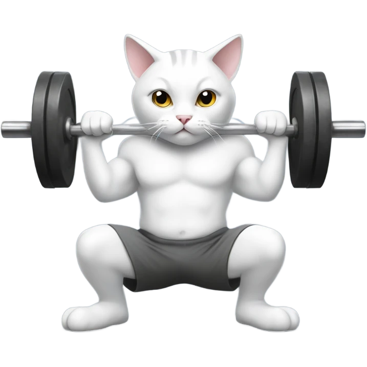 Grey and white cat squatting a heavy barbell emoji