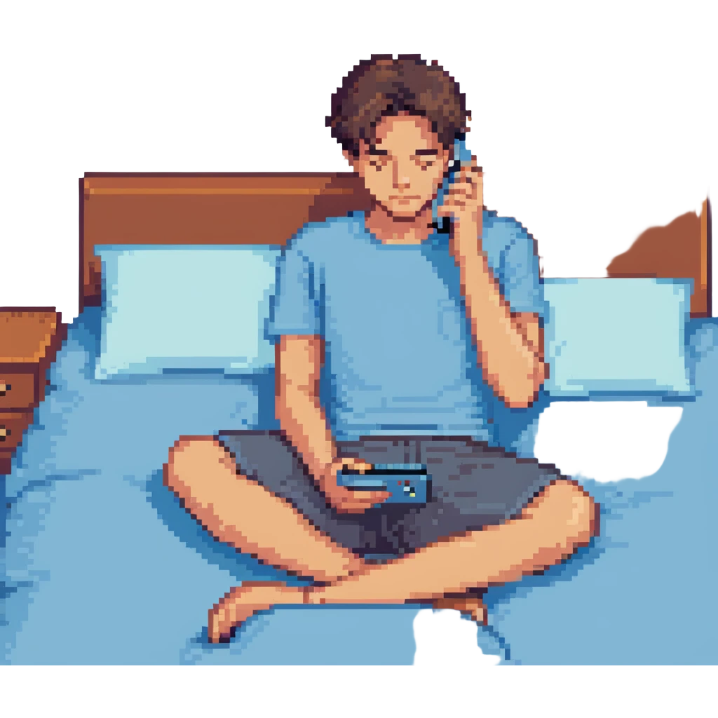 boy in a blue bed, on his phone, wearing a light blue t-shirt emoji