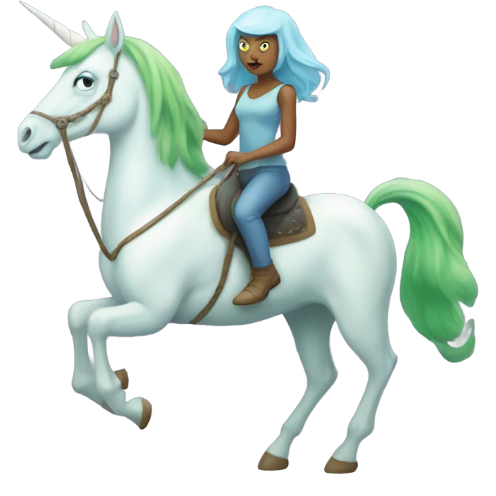 [politically incorrect
	{ woman: alien, color: light green, hair:red, eyes:cat} ]
	on a 
	[{ unicorn: white, legged:four, mane: light blue }] emoji