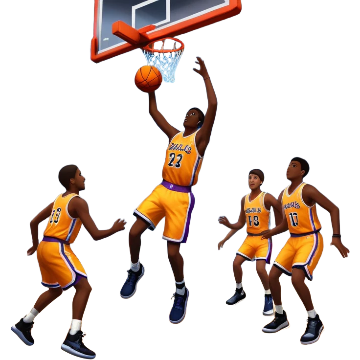 An icon featuring a basketball court with players in action, inspired by NBA 2K25. A player jumps for a dunk, with the ball mid-air. Bright lights illuminate the court, symbolizing the excitement of sports simulation games. Transparent background emphasizes the energy. emoji