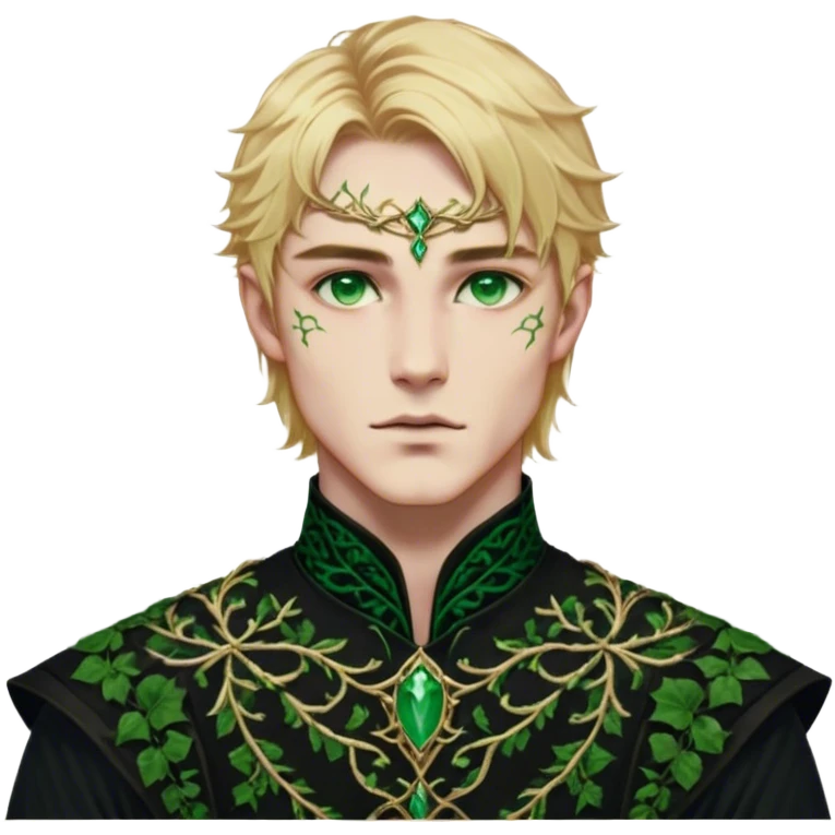 A golden-haired High Fae male with striking emerald-green eyes, his features sharp and aristocratic. He wears a deep black tunic embroidered with green ivy-like patterns, symbolizing his connection to nature. Though his broad frame and strong jawline exude power, there is a weight behind his eyes—something restrained, something broken. emoji