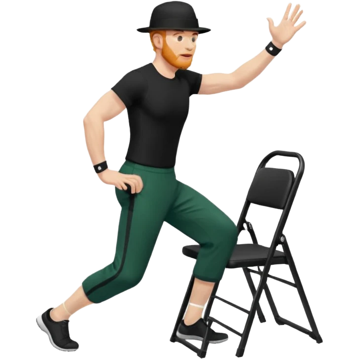 גבר זקן ג'ינג'י מלא כובע שחור הפוך חולמה שחורה ומכנסיים ירוקות ארוכות מבצע תרגיל לאנג' בתמיכת כיסא מהצד שתי רגליים על הרצפה מח^זיק כיסא בידו  תמיכה קלה ידו על משענת הכיסא emoji