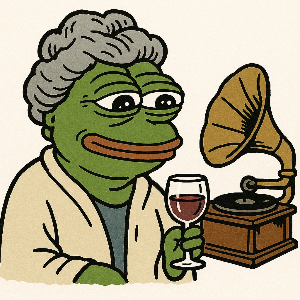 old lady with wineglass listening to gramophone emoji