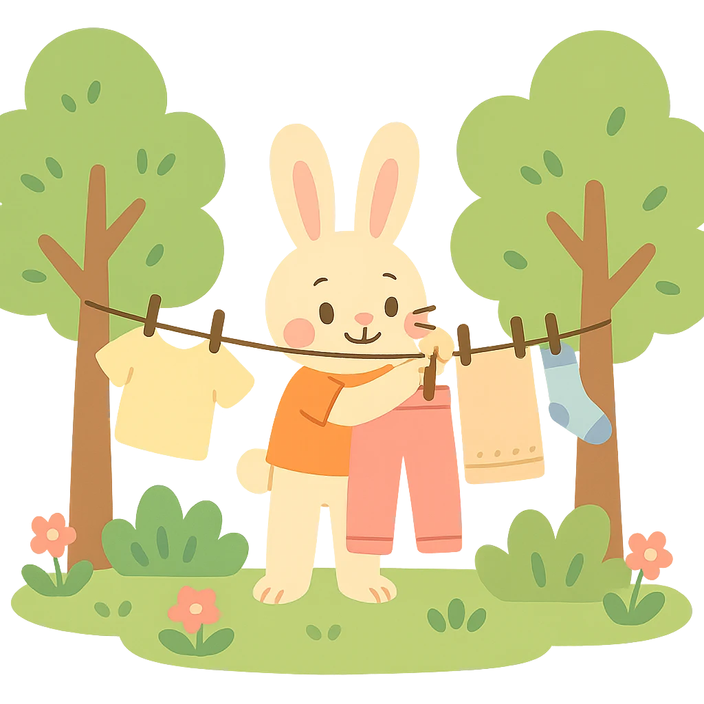 bunny hanging laundry between trees, calming domestic forest feel, soft pastel colors emoji