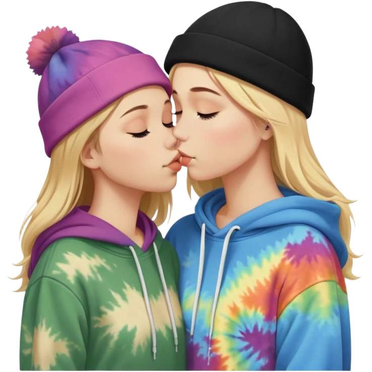 Short brown haired white girl in a hoodie and a black beanie kissing a tall short long blonde haired girl wearing a black beanie and a tiedye hoodie. make ther brunette shorter than the blonde emoji