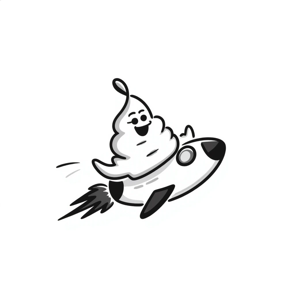 hand-drawn doodle of a turd with lipstick riding a rocket emoji