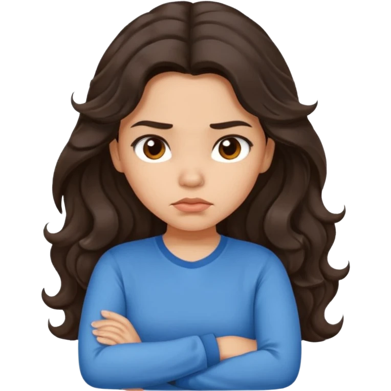 Hispanic girl with long dark brown wavy hair crossing her arms and  pouting emoji