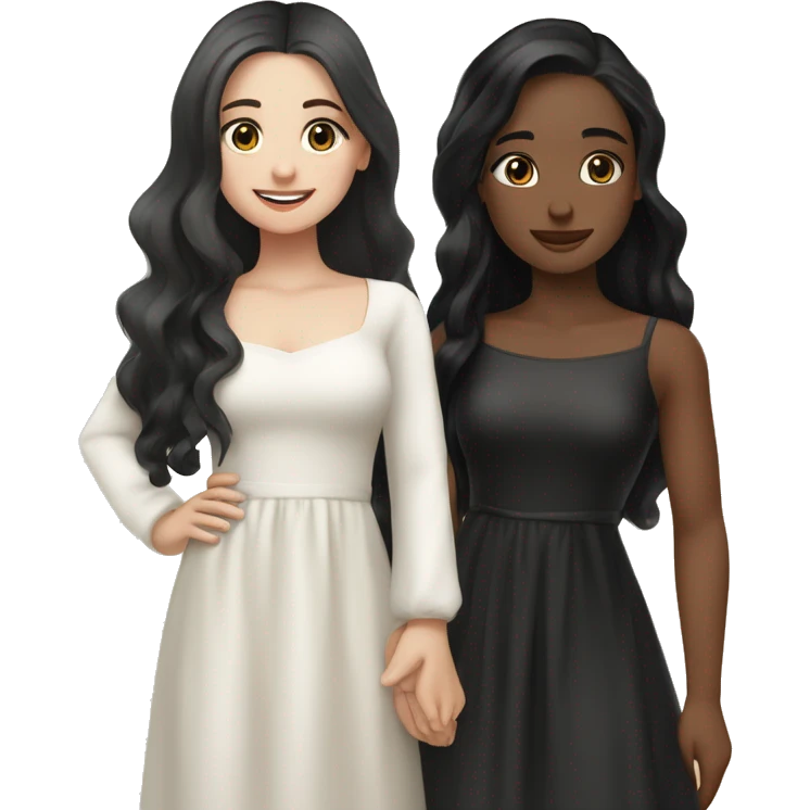 two girl cuddling and smiling one of them wavy long black hair and blue eyes and white skin and the other one has brown long straight hair and brown eyes and white sking both of them beautiful and wearing black cute dress emoji
