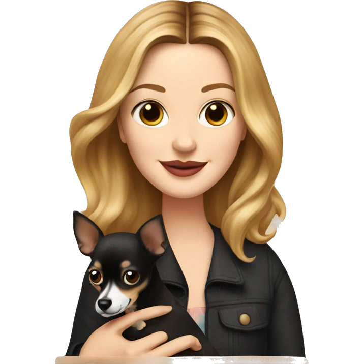 Drew Barrymore holding a black and brown Chihuahua emoji