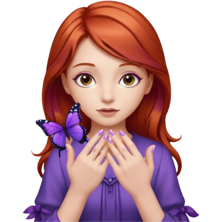 red haired girl finger holding purple butterfly - but her hands down emoji