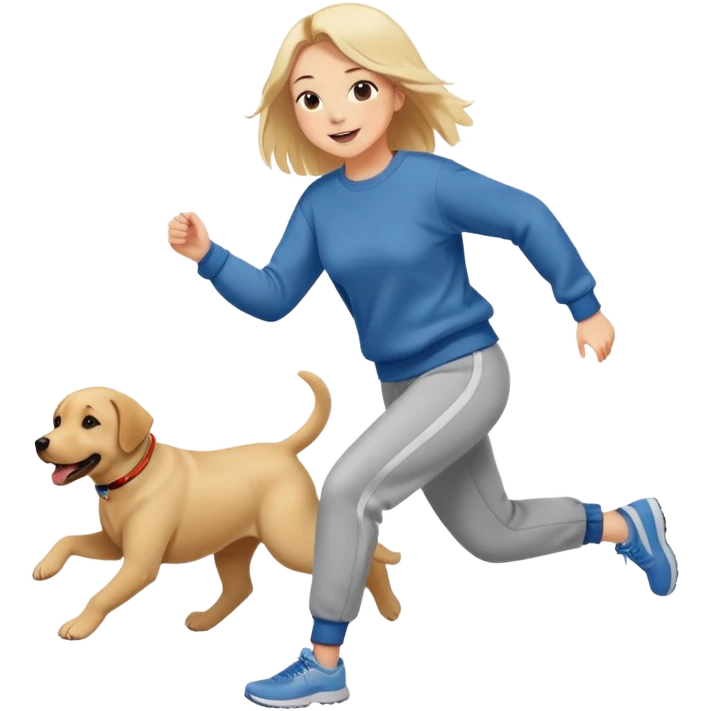 A beautiful girl with fair skin wearing a sweatshirt and sweatpants happily chasing a Labrador emoji