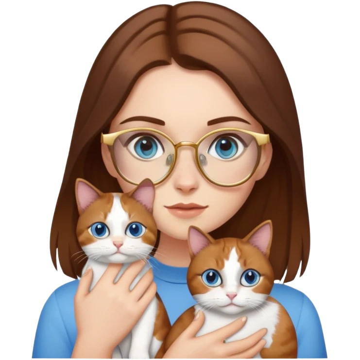 White girl with blue eyes, brown hair, and gold glasses holding a calico cat emoji