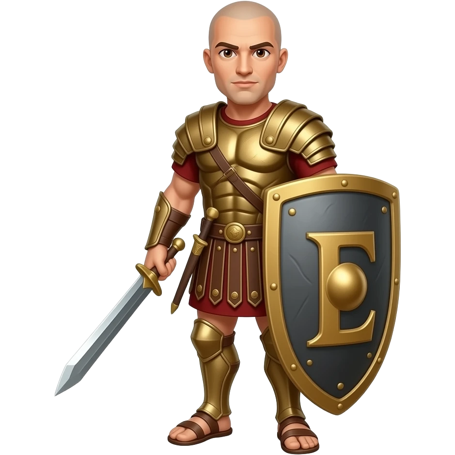 Muscular Roman soldier bald with brown eyes the Letter E on the shield sexy emoji