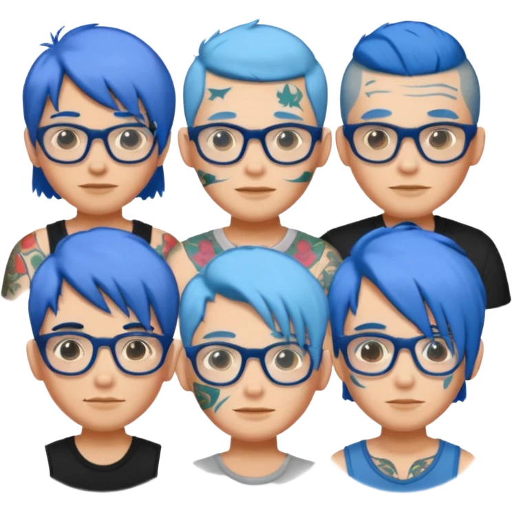 group of people with blue hair, glasses, and visible tattoos emoji