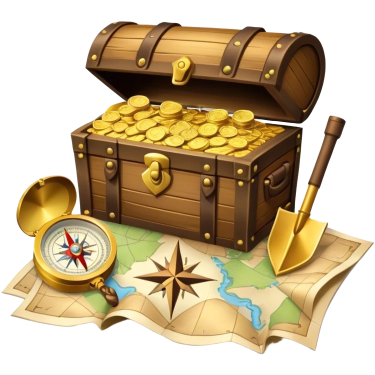 An icon featuring a treasure chest overflowing with gold, a treasure map with a compass rose, a backpack, and a shovel. The map guides the way, symbolizing the adventure of treasure hunting. Set against a transparent background, the design evokes excitement and exploration. emoji