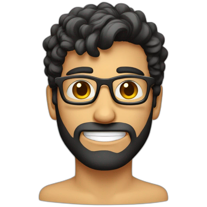 hombre moreno, lentes cuadrados, cabello negro peinado, feliz emoji