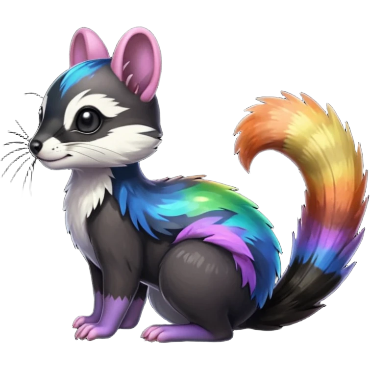 Colorful onyx-obsidian-pitch-black and rainbow-iridescent Cacomistle-Bunnelby-Numbat-Ferret-hybrid-fusion-animal-creature, full body  emoji