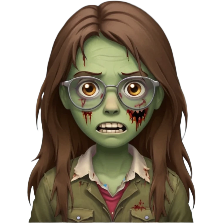 Girl zombie with brown long hair with teeth and serious face IOS style with glasses emoji