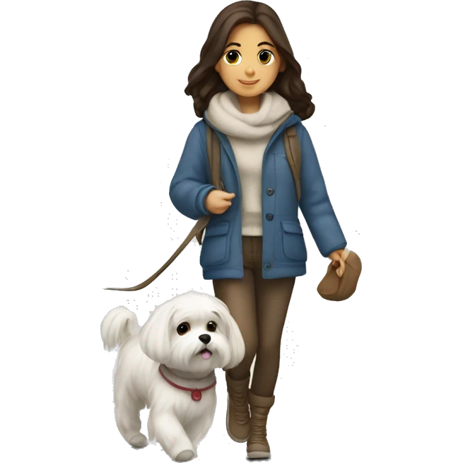 A brunette girl wearing a cozy outfit walking with a Maltese  emoji