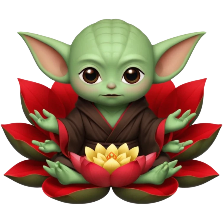 Baby Yoda con su tunica chocolate oscuro sentado dentro de una flor de loto estilo chino algunos contrastes en rojo emoji