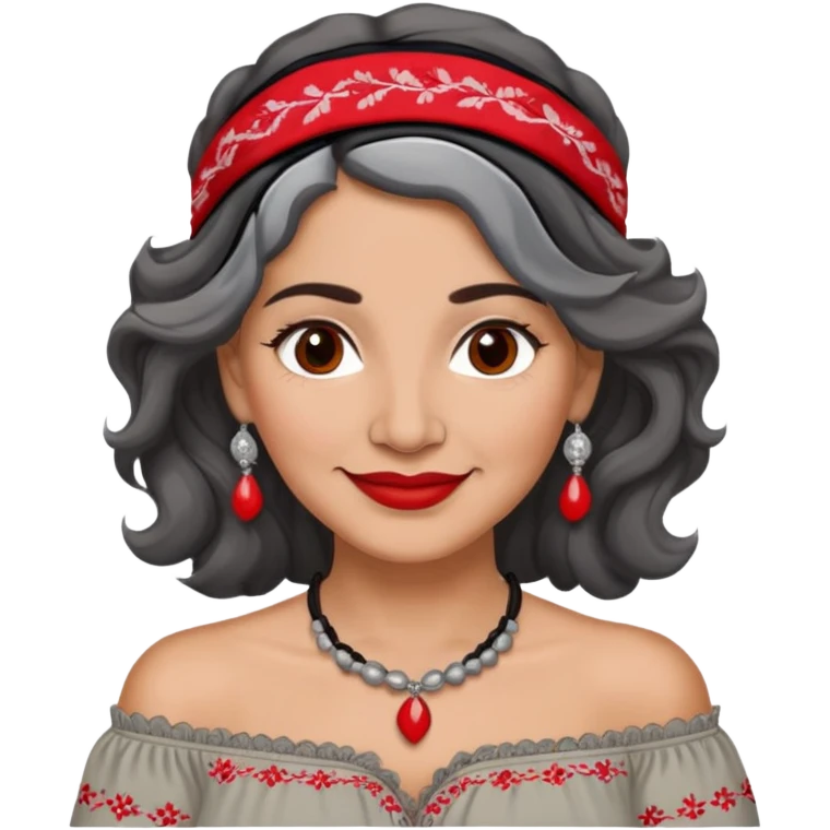 Latina woman, 50 years old, warm light brown skin, round face, wavy black and gray hair, red and white headband, medium eyes, thin eyebrows, kind smile, gray peasant blouse, embroidery, bare shoulders, large dark necklace emoji