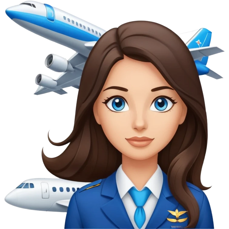 Brunette flight attendant with blue eyes long hair in front of a plane  emoji