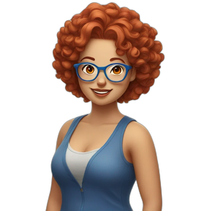 a curvy girl with curly red hair and blue glasses winking emoji