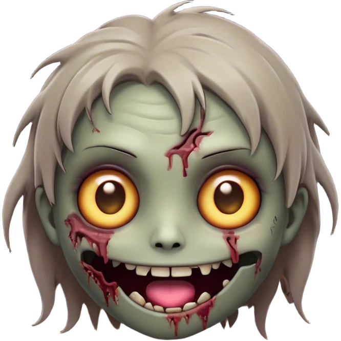 Cinematic Cute Zombie Portrait Emoji, with a delightfully quirky, slightly disheveled face in muted ashen hues, featuring quirky bright eyes and a playful, stitched-together smile, simplified yet irresistibly charming, highly detailed with a soft glowing outline that captures the adorable, offbeat spirit of a zombie who’s more cute than creepy! emoji