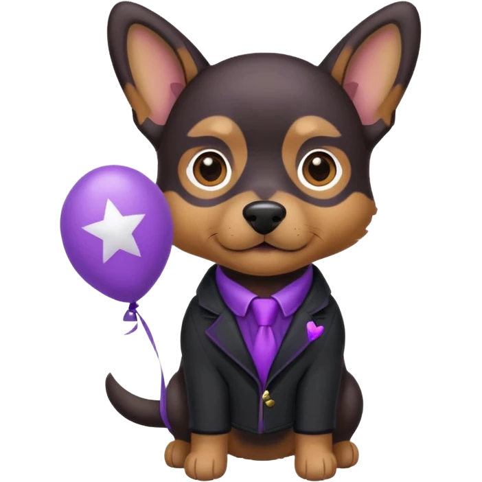 Dog hold purple star shape balloon, black jacket emoji