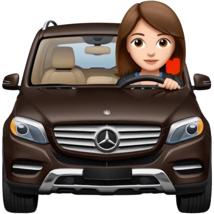 Brown haired woman, driving small black Black Mercedes-Benz SUV emoji