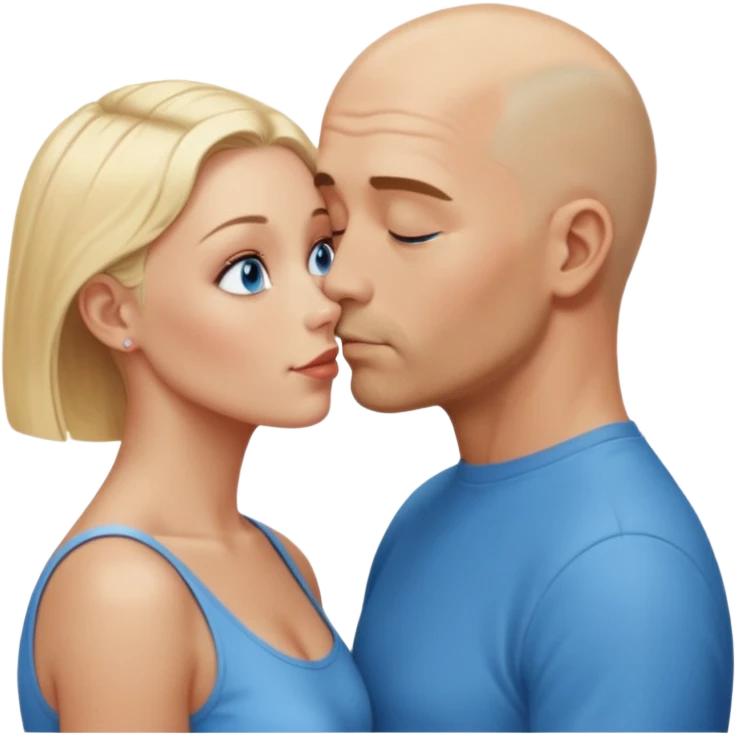 middle aged bald man with salt and blonde scruff, blue eyes and short haired blonde woman with blue eyes kissing each other emoji