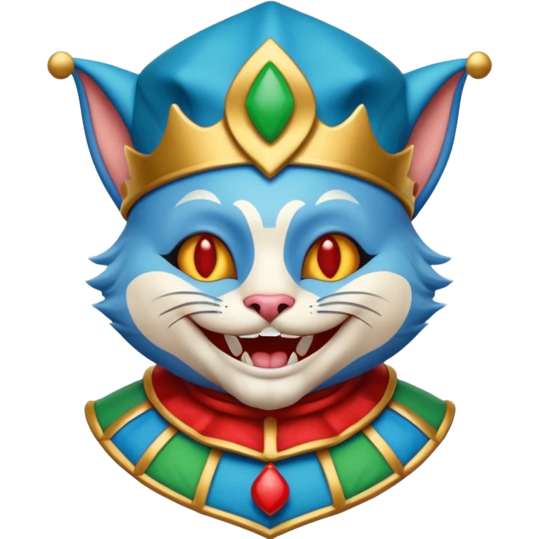 crazy colorful cute little cat jolly joker from poker, medieval, vintage, court jester, mac os icon, blue color emoji