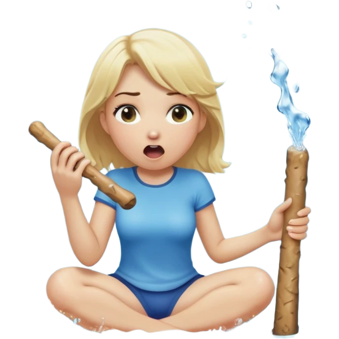 blond woman sitting on her knees, eating a wide stick with a half-round D-shaped knob, both the stick and knob are the same color as her skin, the knob has visible skin texture, water stream squirting from the flat side of the knob into her open mouth, surprised expression emoji