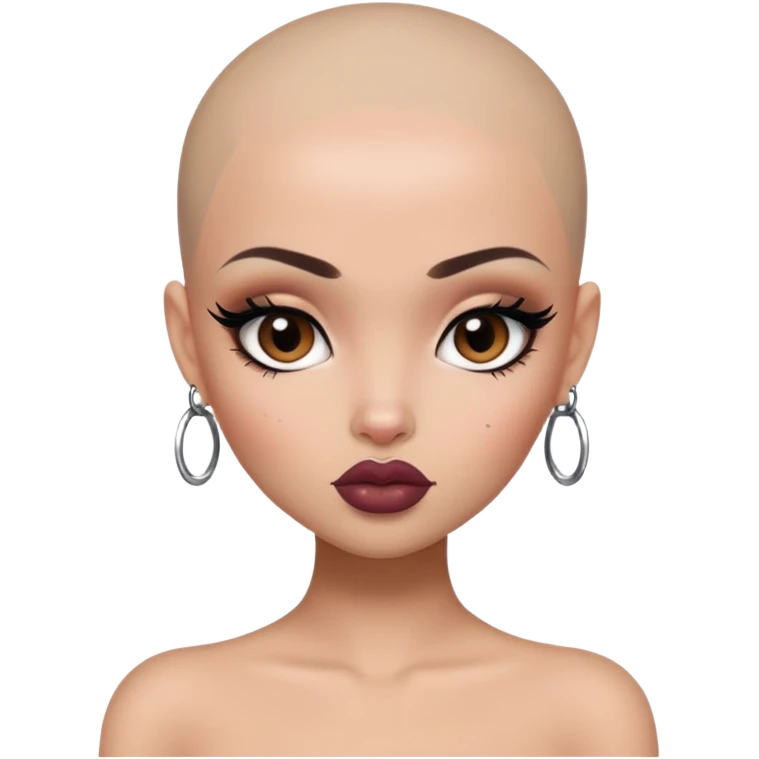 bald, pretty lips, pale tattoed skin,  dark brown eyes, pretty bratz baddie, black eyeliner emoji