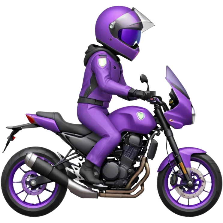 Créer un emoji avec une moto mt07 sport noir mate / violet iridescent très foncé. Avec une pilote dessus visière violet sombre faceless, bulle de la moto violet. Avec fond arrière violet, tenue complète casque inclus violet  emoji