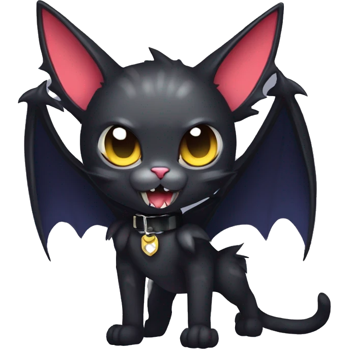  cool edgy kawaii dark-themed animal vampiric cat-hybrid Fakemon with fangs and bat-wing-ears with a collar full body emoji