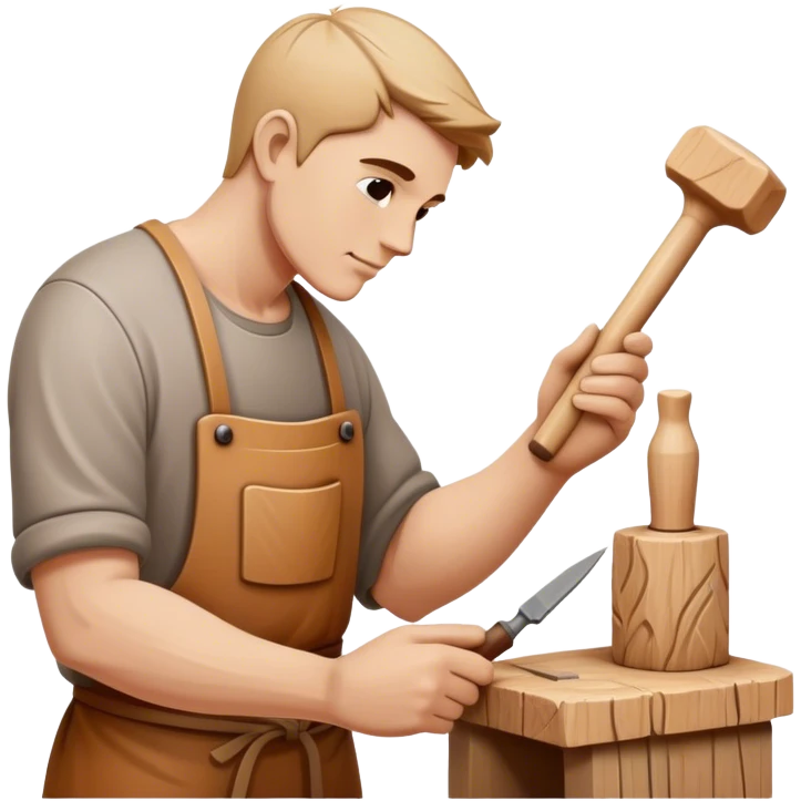 Wood carving a wooden sculpture, chisel and mallet in hand, carved wooden figure in progress, natural wood texture, minimalistic style, clean lines, transparent background. emoji