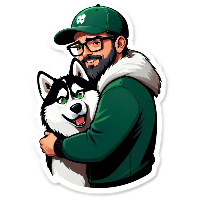 A bold man with a grey baseball cap, green eyes, big beard and glasses hugging a husky emoji