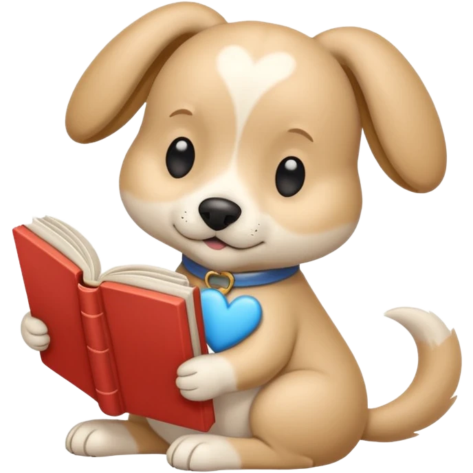 Beige dog reading a sky color book And a big white heart on the back emoji