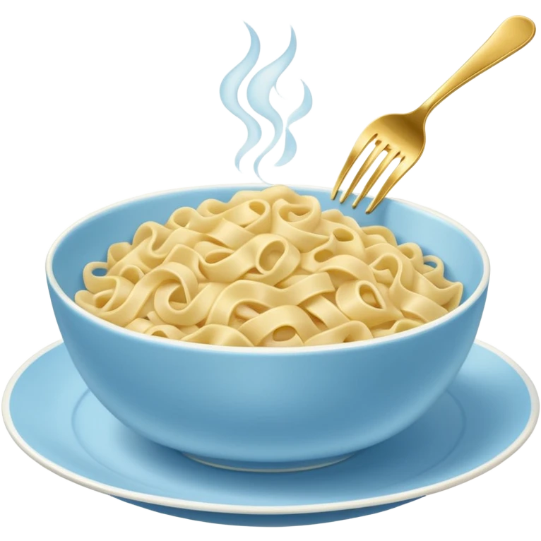 Pastel blue China dish with gold fork with buttered noodle emoji