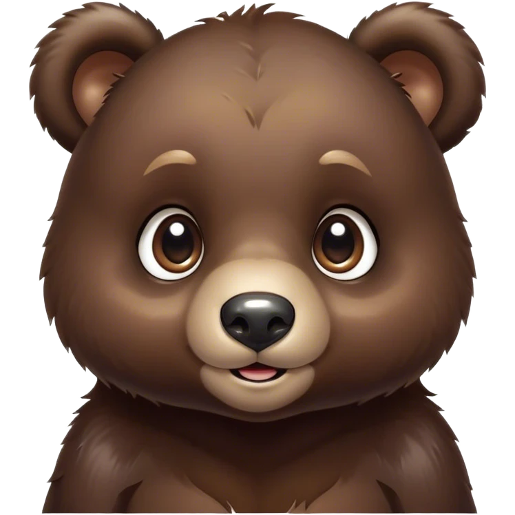 Cinematic Cute bear cub Portrait Emoji, Head tilted playfully and inquisitively, featuring a glossy dark brown fur with a natural sheen and round, sparkling eyes filled with gentle curiosity, Simplified yet irresistibly adorable features, highly detailed, glowing with a warm, friendly glow, high shine, affectionate and mighty, stylized with a touch of woodland whimsy, bright and endearing, soft glowing outline, capturing the essence of a mischievous yet loving bear cub, so playful it feels like it could amble out of the screen and into your arms! emoji