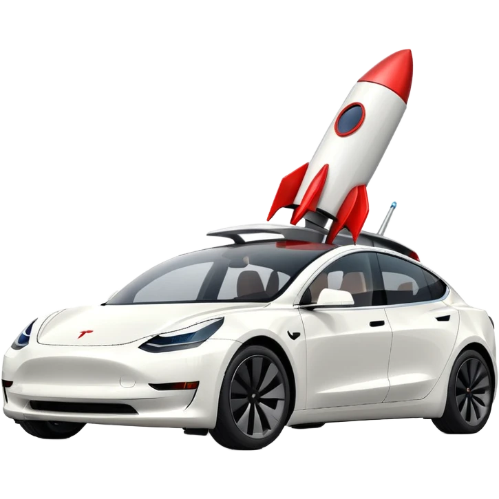 Tesla model 3 white.  Rockets mounted on roof emoji