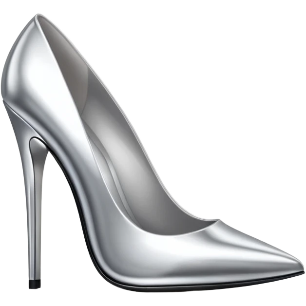 A pair of high heel shoes emoji made of polished silver chrome, elegant sharp silhouette, smooth metallic surface, glossy reflections, luxury sexy vibe, minimalistic iOS emoji style, centered, clean white background emoji