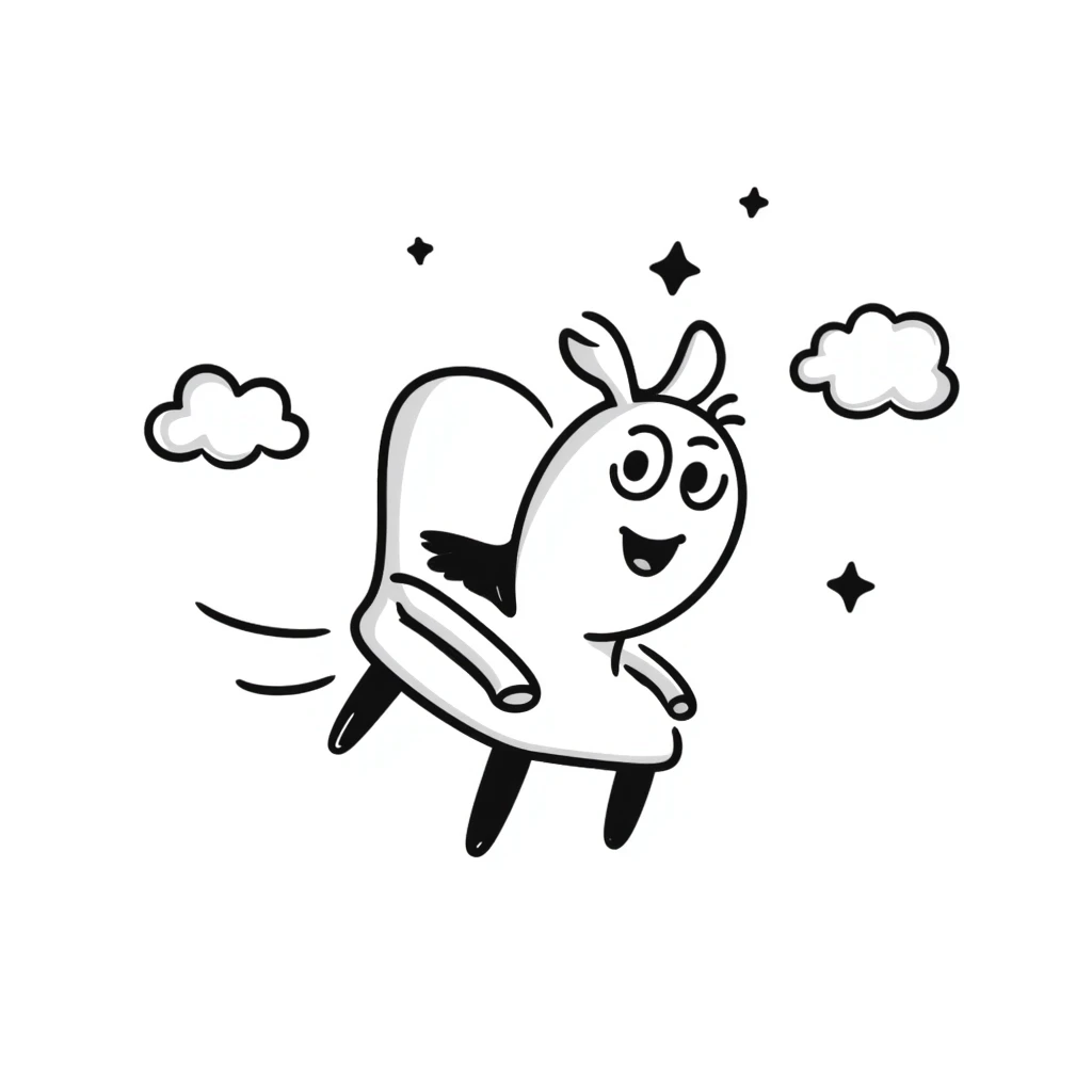 Hand-drawn flying chair with googly eyes and a happy expression, soaring through the sky emoji